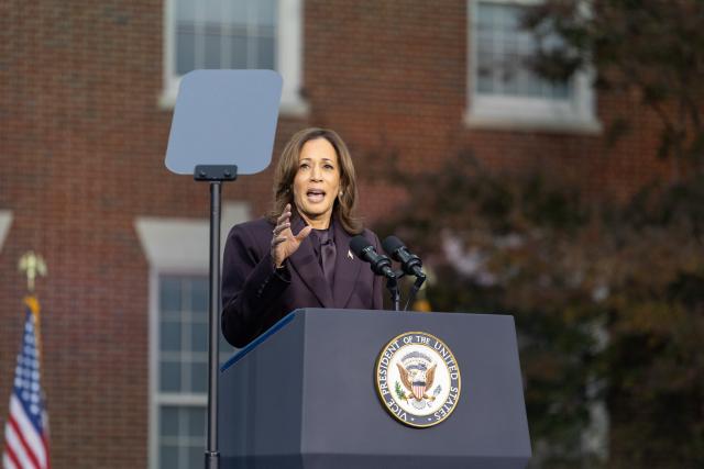 (241106) -- WASHINGTON, Nov. 6, 2024 (Xinhua) -- U.S. Democratic presidential candidate and Vice President Kamala Harris delivers a concession speech at Howard University in Washington, D.C., the United States, on Nov. 6, 2024. Harris on Wednesday delivered the concession speech at Howard University, saying that she is proud of the campaign and stressing that "when we lose an election, we accept the results." (Xinhua/Hu Yousong)