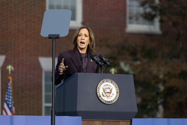 (241106) -- WASHINGTON, Nov. 6, 2024 (Xinhua) -- U.S. Democratic presidential candidate and Vice President Kamala Harris delivers a concession speech at Howard University in Washington, D.C., the United States, on Nov. 6, 2024. Harris on Wednesday delivered the concession speech at Howard University, saying that she is proud of the campaign and stressing that "when we lose an election, we accept the results." (Xinhua/Hu Yousong)