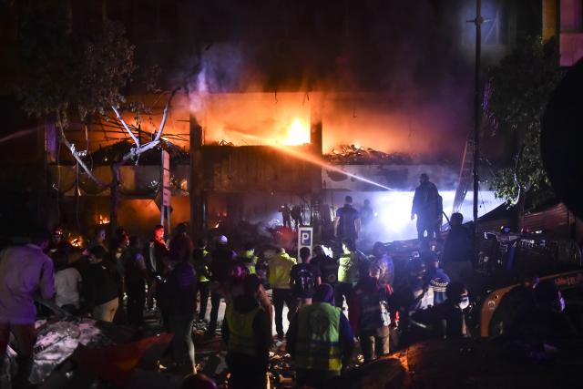 (241118) -- BEIRUT, Nov. 18, 2024 (Xinhua) -- This photo shows the fire caused by Israeli airstrikes in central Beirut, Lebanon, on Nov. 17, 2024. Two people were killed and 22 others injured on Sunday night in an Israeli airstrike targeting Mar Elias, a densely-populated neighborhood in Beirut, according to Lebanon's health ministry. (Str/Xinhua)