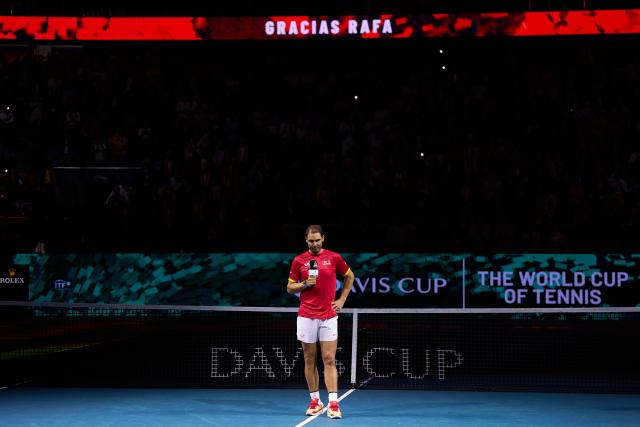 (241120) -- MALAGA, Nov. 20, 2024 (Xinhua) -- Rafael Nadal of Spain attends a tribute to his career after the quarterfinal between Spain and the Netherlands at Davis Cup Finals tennis tournament in Malaga, Spain, Nov. 19, 2024. The 22-time Grand Slam champion Rafael Nadal ended his career as Spain was eliminated by the Netherlands at the Davis Cup on Tuesday. (Xinhua/Meng Dingbo)