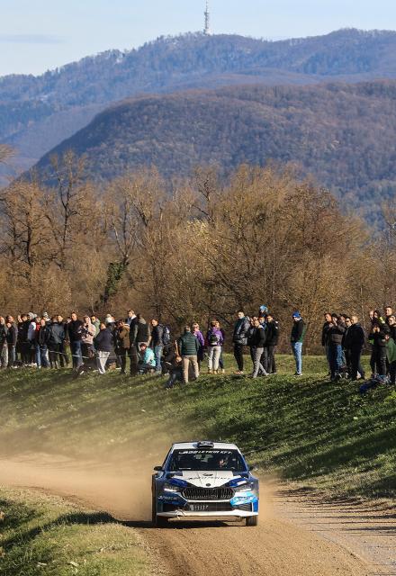 (241125) -- SVETA NEDELJA, Nov. 25, 2024 (Xinhua) -- Zoltan Laszlo and Zolt Balazs of Hungary compete during the 14th Rally Show Santa Domenica in Sveta Nedelja, Croatia, on Nov. 24, 2024. (Photo by Igor Soban/PIXSELL via Xinhua)