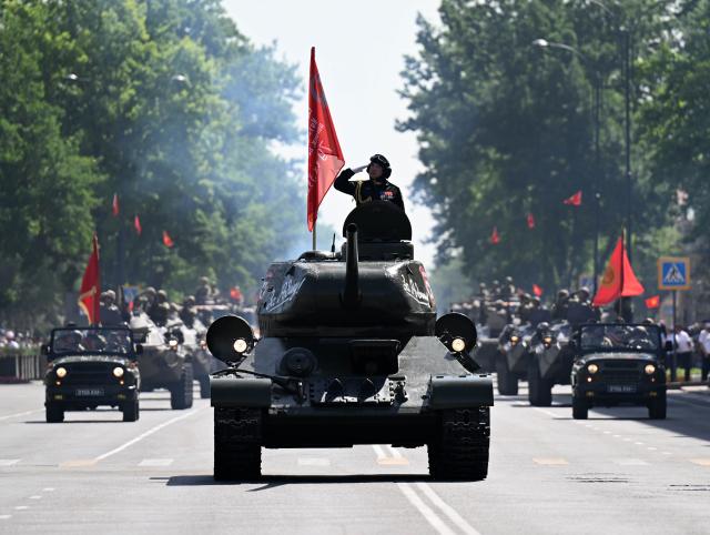 (250509) -- BISHKEK, May 9, 2025 (Xinhua) -- Military personnel attend a military parade marking the 80th anniversary of the victory in the Great Patriotic War, in Bishkek, Kyrgyzstan, May 8, 2025. (Office of the President of the Kyrgyz Republic/Handout via Xinhua)