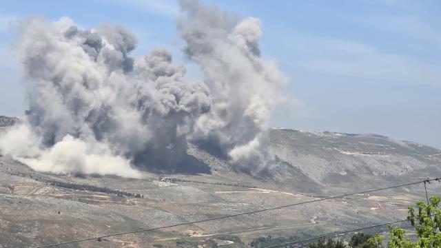 (250509) -- NABATIEH, May 9, 2025 (Xinhua) -- Smokes billow from the site of an Israeli airstrike on the outskirts of Nabatieh, Lebanon, May 8, 2025. Israeli warplanes carried out a series of intense airstrikes on Thursday on the outskirts of the city of Nabatieh in southern Lebanon, according to official and security sources.
  Israeli warplanes conducted two waves of violent strikes targeting valleys, highlands, and wooded areas between the village of Kfar Tebnit, Upper Nabatieh, and the city of Kfar Remen, said the official Lebanese National News Agency (NNA). (Photo by Taher Abu Hamdan/Xinhua)