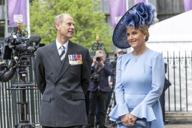(250509) -- LONDON, May 9, 2025 (Xinhua) -- Britain's Prince Edward (L) and his wife Sophie, Duchess of Edinburgh, leave Westminster Abbey following a service of thanksgiving to mark the 80th anniversary of VE Day, or Victory in Europe Day, in London, Britain, May 8, 2025. (Xinhua)