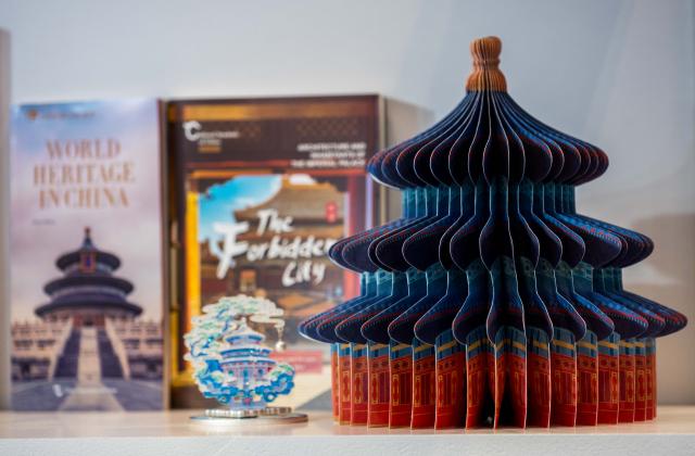 (250509) -- DOHA, May 9, 2025 (Xinhua) -- This photo taken on May 8, 2025 shows the cultural and creative products displayed at the China Pavilion on the opening day of the 34th edition of Doha International Book Fair in Doha, Qatar. The event will run until May 17. (Photo by Nikku/Xinhua)