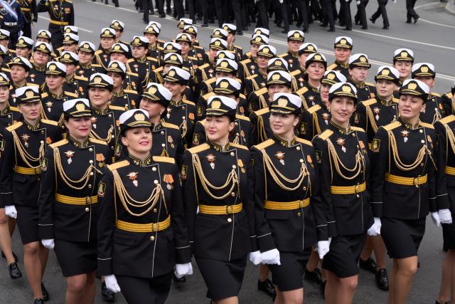 (250509) -- VLADIVOSTOK, May 9, 2025 (Xinhua) -- Servicewomen marching in formation are pictured during a military parade to commemorate the 80th anniversary of the Victory in the Great Patriotic War in Vladivostok, Russia, May 9, 2025. (Photo by Guo Feizhou/Xinhua)