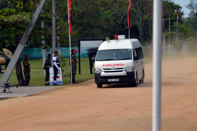 (250509) -- POLONNARUWA, May 9, 2025 (Xinhua) -- An ambulance carrying injured people runs to a hospital after a helicopter crash near Polonnaruwa, Sri Lanka, April 9, 2025. Six military personnel succumbed to their injuries after a Sri Lankan Air Force helicopter crashed into the Maduru Oya Reservoir in the country's North Central Province on Friday morning, said a spokesperson. (Photo by Gayan Sameera/Xinhua)