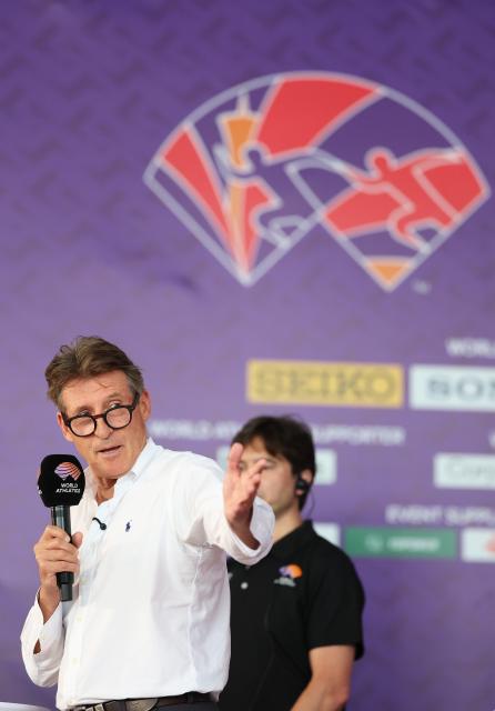 (250509) -- GUANGZHOU, May 9, 2025 (Xinhua) -- World Athletics president Sebastian Coe (front) speaks during the press conference before the World Athletics Relays Guangzhou 2025 in Guangzhou, south China's Guangdong Province, May 9, 2025. (Xinhua/Li Ming)