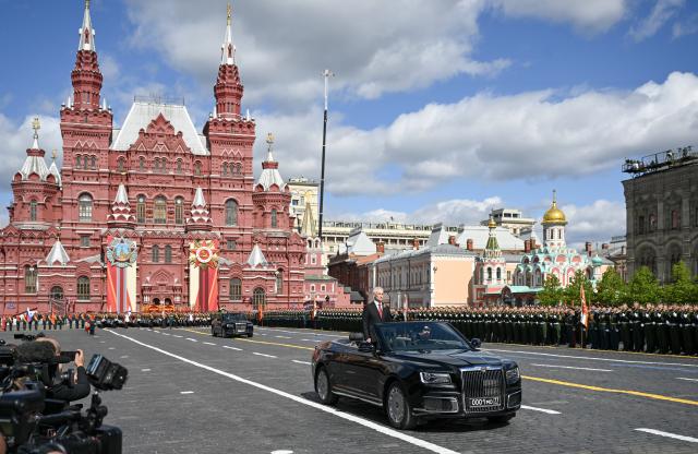 (250509) -- MOSCOW, May 9, 2025 (Xinhua) -- Russian Defense Minister Andrei Belousov (front) reviews the troops during a grand parade marking the 80th anniversary of the victory in the Soviet Union's Great Patriotic War in Moscow, Russia, May 9, 2025. (Xinhua/Xie Huanchi)