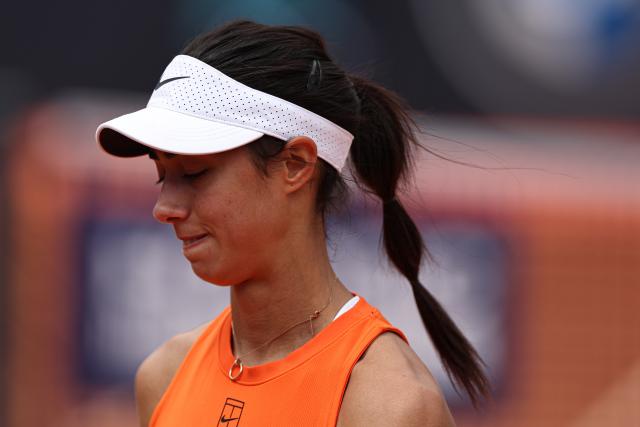 (250509) -- ROME, May 9, 2025 (Xinhua) -- Olga Danilovic reacts during the women's singles 2nd round match between Zheng Qinwen of China and Olga Danilovic of Serbia at the WTA Italian Open in Rome, Italy, May 9, 2025. (Xinhua/Li Jing)