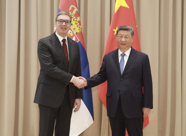 (250509) -- MOSCOW, May 9, 2025 (Xinhua) -- Chinese President Xi Jinping meets with Serbian President Aleksandar Vucic on the sidelines of the celebrations marking the 80th anniversary of the victory in the Soviet Union's Great Patriotic War in Moscow, Russia, May 9, 2025. (Xinhua/Ding Haitao)