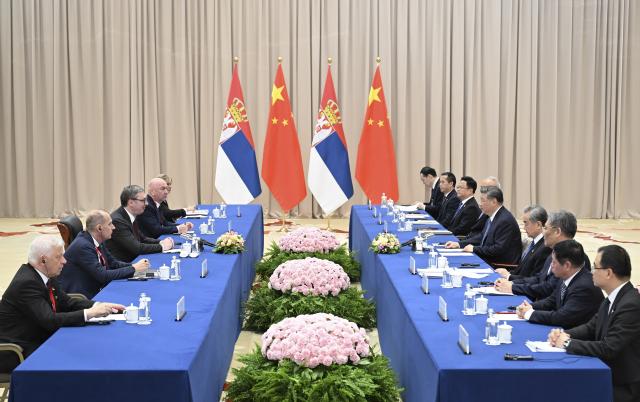 (250509) -- MOSCOW, May 9, 2025 (Xinhua) -- Chinese President Xi Jinping meets with Serbian President Aleksandar Vucic on the sidelines of the celebrations marking the 80th anniversary of the victory in the Soviet Union's Great Patriotic War in Moscow, Russia, May 9, 2025. (Xinhua/Zhang Ling)
