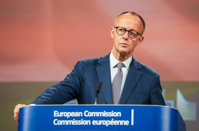 (250510) -- BRUSSELS, May 10, 2025 (Xinhua) -- German Chancellor Friedrich Merz attends a press conference in Brussels, Belgium, May 9, 2025. Merz arrived here for a visit on Friday. (Xinhua/Peng Ziyang)