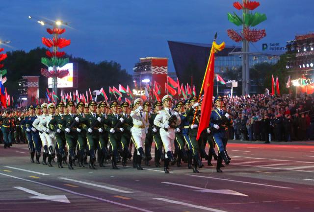 (250510) -- MINSK, May 10, 2025 (Xinhua) -- A contingent of the Guard of Honor of the Chinese People's Liberation Army (PLA) participate in a military parade marking the 80th anniversary of the victory in the Soviet Union's Great Patriotic War in Minsk, Belarus, May 9, 2025. (Photo by Henadz Zhinkov/Xinhua)