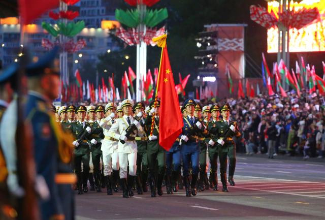 (250510) -- MINSK, May 10, 2025 (Xinhua) -- A contingent of the Guard of Honor of the Chinese People's Liberation Army (PLA) participate in a military parade marking the 80th anniversary of the victory in the Soviet Union's Great Patriotic War in Minsk, Belarus, May 9, 2025. (Photo by Henadz Zhinkov/Xinhua)