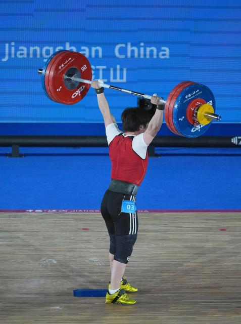(250510) -- JIANGSHAN, May 10, 2025 (Xinhua) -- Ishimbek Muratbek Uulu of Kyrgyzstan competes during the men's 67kg competition at 2025 Asian Weightlifting Championships in Jiangshan, east China's Zhejiang Province, May 10, 2025. (Xinhua/Hou Zhaokang)