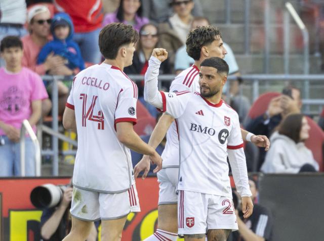 (250511) -- TORONTO, May 11, 2025 (Xinhua) -- Lorenzo Insigne (Front R) of Toronto FC celebrates scoring during the 2025 Major League Soccer (MLS) regular season match between Toronto FC and D.C. United at BMO Field in Toronto, Canada, May 10, 2025. (Photo by Zou Zheng/Xinhua)