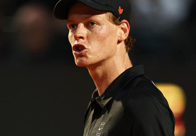 (250511) -- ROME, May 11, 2025 (Xinhua) -- Jannik Sinner reacts during the men's singles round of 64 match between Jannik Sinner of Italy and Mariano Navone of Argentina at the ATP Italian Open in Rome, Italy, May 10, 2025. (Xinhua/Li Jing)