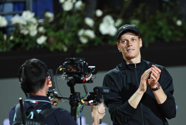 (250511) -- ROME, May 11, 2025 (Xinhua) -- Jannik Sinner celebrates after winning the men's singles round of 64 match between Jannik Sinner of Italy and Mariano Navone of Argentina at the ATP Italian Open in Rome, Italy, May 10, 2025. (Xinhua/Li Jing)