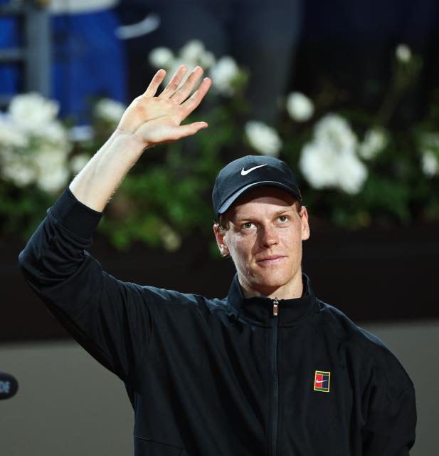 (250511) -- ROME, May 11, 2025 (Xinhua) -- Jannik Sinner celebrates after winning the men's singles round of 64 match between Jannik Sinner of Italy and Mariano Navone of Argentina at the ATP Italian Open in Rome, Italy, May 10, 2025. (Xinhua/Li Jing)
