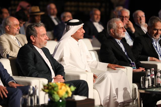 (250511) -- DOHA, May 11, 2025 (Xinhua) -- Iranian Foreign Minister Seyed Abbas Araghchi (1st L, front) attends the fourth Arab-Iranian Dialogue Conference in Doha, Qatar, May 10, 2025. Iran will not back down on its nuclear rights in the negotiations with the United States, Iranian Foreign Minister Seyed Abbas Araghchi said on Saturday, one day ahead of their fourth round of the indirect talks in Oman. (Xinhua)