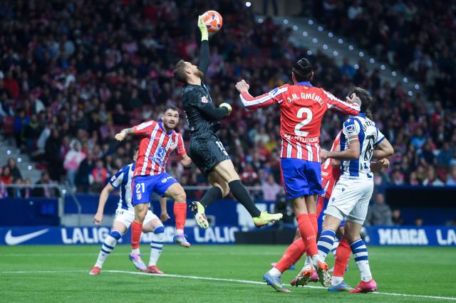 (250511) -- MADRID, May 11, 2025 (Xinhua) -- Atletico de Madrid's goalkeeper Jan Oblak (top) makes a save during the LaLiga football match between Atletico de Madrid and Real Sociedad in Madrid, Spain, on May 10, 2025. (Photo by Gustavo Valiente/Xinhua)
