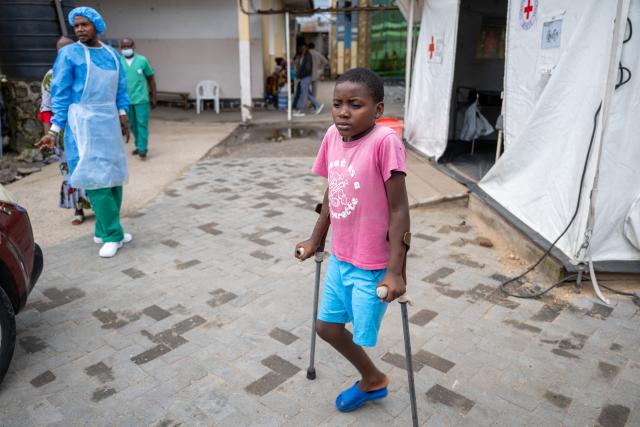 (250511) -- GOMA, May 11, 2025 (Xinhua) -- A child who lost the left leg in the local conflict is seen at Ndosho Hospital in Goma, the Democratic Republic of the Congo (DRC), on May 10, 2025. Ndosho Hospital, located in Goma, the capital city of North Kivu province in the eastern DRC, has built temporary tents in its parking lot to relieve pressure and increased its bed capacity to approximately 130, as the security situation in the eastern DRC has deteriorated in recent years. (Xinhua/Zheng Yangzi)