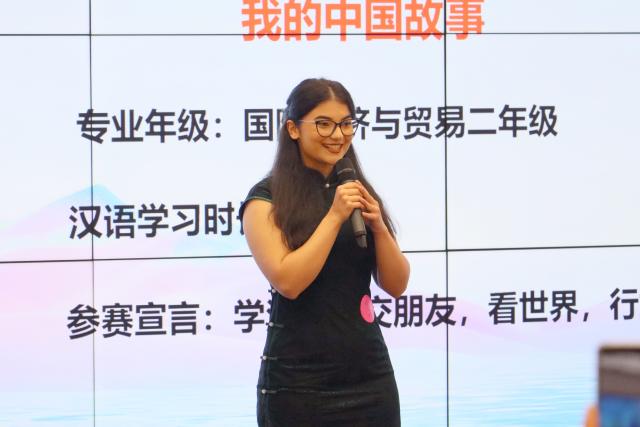 (250511) -- CLUJ-NAPOCA, May 11, 2025 (Xinhua) -- A competitor delivers a speech during the 24th "Chinese Bridge" Chinese Proficiency Competition for College Students in Cluj-Napoca, Romania, May 10, 2023. The Romanian division finals of the 24th "Chinese Bridge" Chinese Proficiency Competition for College Students was held here on Saturday. (Photo by Lu Jicheng/Xinhua)
