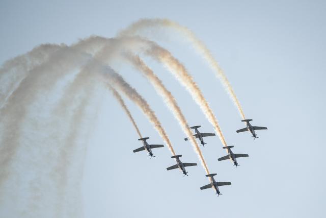 (250511) -- VELIKA GORICA, May 11, 2025 (Xinhua) -- The Croatian Air Force's aerobatic display team, Wings of Storm, performs during the AIRVG 2025 air show in Velika Gorica, Croatia on May 11, 2025. (Davor Puklavec/PIXSELL via Xinhua)