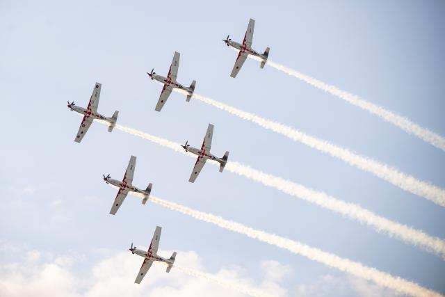 (250511) -- VELIKA GORICA, May 11, 2025 (Xinhua) -- The Croatian Air Force's aerobatic display team, Wings of Storm, performs during the AIRVG 2025 air show in Velika Gorica, Croatia on May 11, 2025. (Davor Puklavec/PIXSELL via Xinhua)