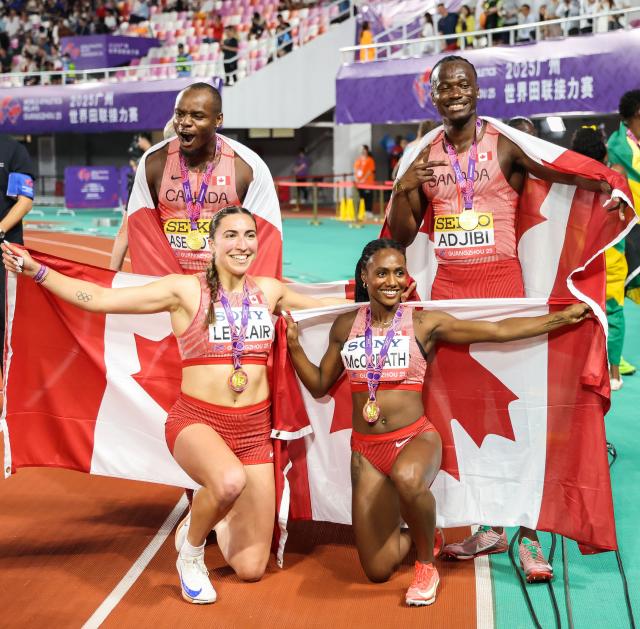 (250511) -- GUANGZHOU, May 11, 2025 (Xinhua) -- Team Canada celebrate after winning the mixed 4x100m relay final at the World Athletics Relays Guangzhou 2025 in Guangzhou, south China's Guangdong Province, May 11, 2025. (Xinhua/Liu Dawei)