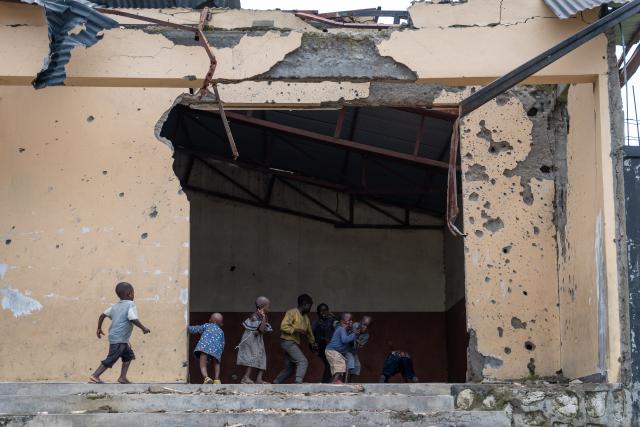 (250512) -- SAKE, May 12, 2025 (Xinhua) -- Children play in a house damaged by conflict in Sake, a small town located 27 kilometers from Goma, the capital city of North Kivu province in the Democratic Republic of the Congo (DRC), on May 11, 2025.
  Many residents of Sake were forced to flee their homes due to attacks by the rebel group known as M23. Though life is gradually returning to normal as they return home, they now face significant challenges such as damaged infrastructure and shortages of basic supplies. (Xinhua/Zheng Yangzi)