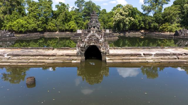 (250512) -- SIEM REAP, May 12, 2025 (Xinhua) -- This photo taken on May 7, 2025 shows a view of the Neak Poan (the entwined serpents) Temple in the Angkor Archaeological Park in Siem Reap province, Cambodia. Cambodian archaeologists have completed the restoration of the western drainage structure at Neak Poan (the entwined serpents) Temple in the famed Angkor Archaeological Park, the APSARA National Authority (ANA) said in a news release on Monday. (ANA/Handout via Xinhua)