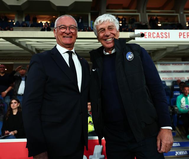 (250513) -- BERGAMO, May 13, 2025 (Xinhua) -- Atalanta's head coach Giampiero Gasperini (R) and Roma's head coach Claudio Ranieri pose for a photo before during a Serie A soccer match between Atalanta and Roma in Bergamo, Italy, May 12, 2025. (Photo by Alberto Lingria/Xinhua)
