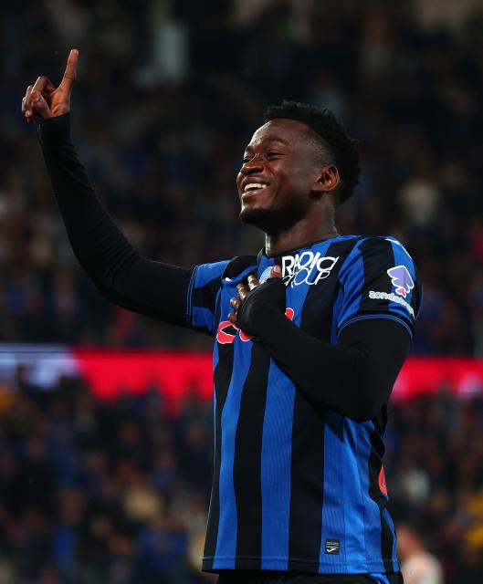 (250513) -- BERGAMO, May 13, 2025 (Xinhua) -- Atalanta's Ibrahim Sulemana celebrates his goal during a Serie A soccer match between Atalanta and Roma in Bergamo, Italy, May 12, 2025. (Photo by Alberto Lingria/Xinhua)
