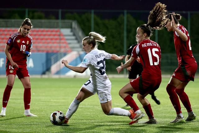(250531) -- STARA PAZOVA, May 31, 2025 (Xinhua) -- Serbia's Tijana Filipovic (2nd L) vies with Hungary's Diana Nemeth (2nd R) during the UEFA Women's Nations League B group 3 football match between Serbia and Hungary in Stara Pazova near Belgrade, Serbia, on May 30, 2025. (Photo by Predrag Milosavljevic/Xinhua)