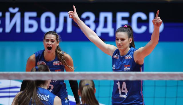 (250601) -- BELGRADE, June 1, 2025 (Xinhua) -- Serbia's Katarina Dangubic (L) and Maja Aleksic celebrate during a friendly volleyball match between Serbia and Russia, in Belgrade, Serbia on May 31, 2025. (Photo by Predrag Milosavljevic/Xinhua)
