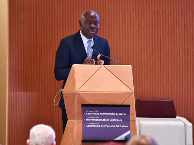 (250602) -- GENEVA, June 2, 2025 (Xinhua) -- Gilbert F. Houngbo, director-general of the International Labour Organization (ILO), speaks at the opening of the 113th International Labour Conference in Geneva, Switzerland, on June 2, 2025. Intensifying global trade tensions are taking a toll on labor markets across the world, Gilbert F. Houngbo, director-general of the International Labour Organization (ILO), said here on Monday. (Xinhua/Lian Yi)