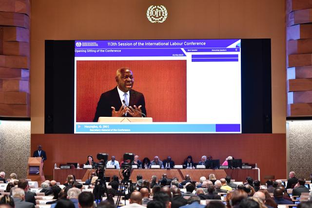 (250602) -- GENEVA, June 2, 2025 (Xinhua) -- People attend the opening of the 113th International Labour Conference in Geneva, Switzerland, on June 2, 2025. Intensifying global trade tensions are taking a toll on labor markets across the world, Gilbert F. Houngbo, director-general of the International Labour Organization (ILO), said here on Monday. (Xinhua/Lian Yi)