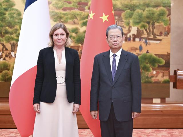 (250626) -- BEIJING, June 26, 2025 (Xinhua) -- Zhao Leji, chairman of the National People's Congress (NPC) Standing Committee, and Yael Braun-Pivet, speaker of the French National Assembly, co-chair the 12th meeting of the exchange mechanism between the legislative bodies of China and France, in Beijing, capital of China, June 26, 2025. Zhao delivered a keynote address at the meeting. (Xinhua/Yan Yan)