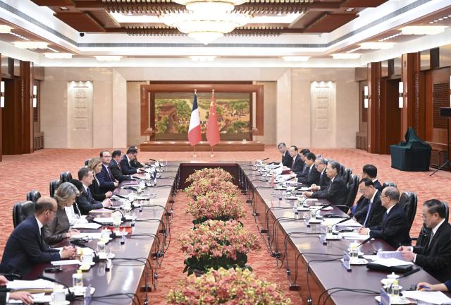 (250626) -- BEIJING, June 26, 2025 (Xinhua) -- Zhao Leji, chairman of the National People's Congress (NPC) Standing Committee, and Yael Braun-Pivet, speaker of the French National Assembly, co-chair the 12th meeting of the exchange mechanism between the legislative bodies of China and France, in Beijing, capital of China, June 26, 2025. Zhao delivered a keynote address at the meeting. (Xinhua/Yan Yan)