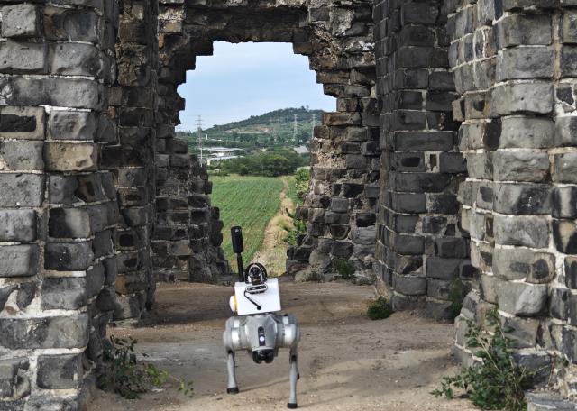 (250628) -- SHIJIAZHUANG, June 28, 2025 (Xinhua) -- This photo taken by a mobile phone on June 16, 2025 shows a four-legged robot checking the structure of a section of the Great Wall in Qinhuangdao City, north China's Hebei Province. TO GO WITH "China Focus: Great techs guard Great Wall" (Xinhua/Bai Lin)