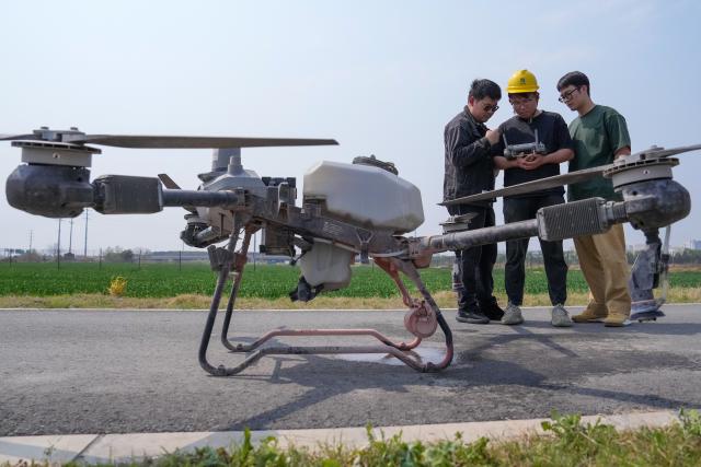 (250628) -- JINAN, June 28, 2025 (Xinhua) -- A member (L) of a smart agriculture innovation team and agricultural technicians prepare for drone fertilization at Lujia future smart farm in Kunshan City, east China's Jiangsu Province, March 26, 2025. (Xinhua/Li Bo)