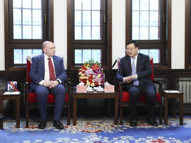 (250630) -- BEIJING, June 30, 2025 (Xinhua) -- President of Xinhua News Agency Fu Hua meets with Aimilios Perdikaris, chairman of the board and general manager at Athens-Macedonian News Agency, in Beijing, capital of China, June 30, 2025. (Xinhua/Ding Haitao)
