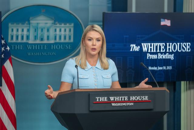 (250630) -- WASHINGTON, June 30, 2025 (Xinhua) -- White House Press Secretary Karoline Leavitt speaks during a press briefing at the White House in Washington, D.C., the United States, on June 30, 2025. U.S. President Donald Trump on Monday signed an executive order terminating Syria sanctions, according to the White House website. (Xinhua/Hu Yousong)