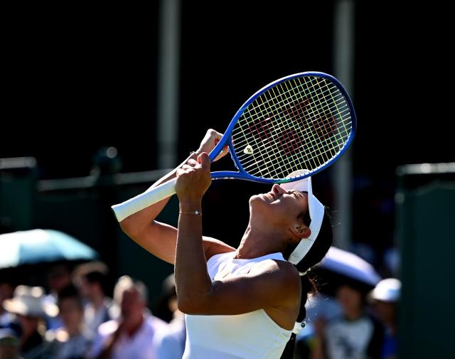 (250701) -- LONDON, July 1, 2025 (Xinhua) -- Olga Danilovi celebrates after winning the women's singles first round match between Zhang Shuai of China and Olga Danilovic of Serbia at Wimbledon tennis Championship in London, Britain, June 30, 2025. (Xinhua/Li Ying)