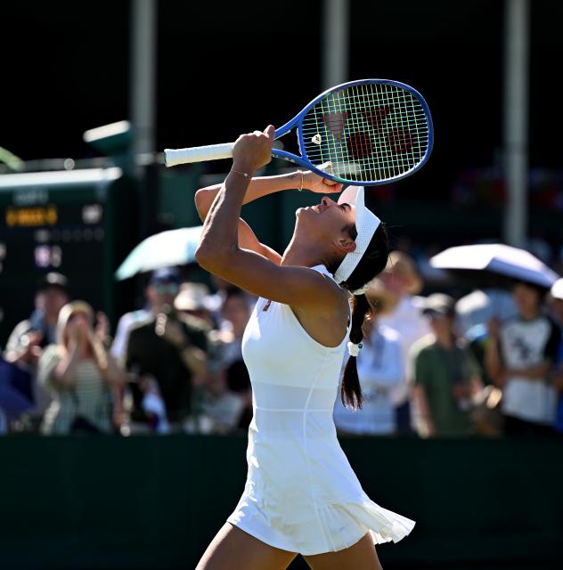 (250701) -- LONDON, July 1, 2025 (Xinhua) -- Olga Danilovi celebrates after winning the women's singles first round match between Zhang Shuai of China and Olga Danilovic of Serbia at Wimbledon tennis Championship in London, Britain, June 30, 2025. (Xinhua/Li Ying)