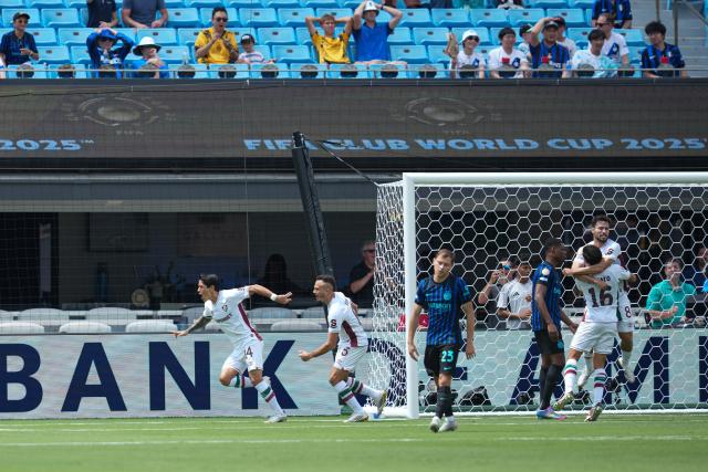 (250701) -- CHARLOTTE, July 1, 2025 (Xinhua) -- German Cano (1st L) of Fluminense FC celebrates scoring during the round of 16 match between Italy's FC Inter Milan and Brazil's Fluminense FC at the FIFA Club World Cup 2025 at the Bank of America Stadium, Charlotte, North Carolina, the United States, June 30, 2025. (Xinhua/Huang Zongzhi)