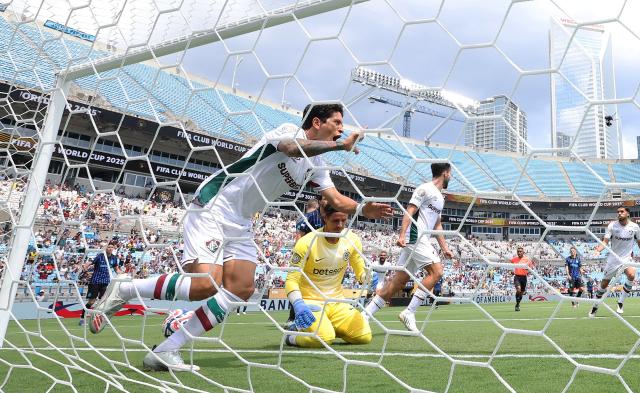 (250701) -- CHARLOTTE, July 1, 2025 (Xinhua) -- German Cano (front) of Fluminense FC celebrates scoring during the round of 16 match between Italy's FC Inter Milan and Brazil's Fluminense FC at the FIFA Club World Cup 2025 at the Bank of America Stadium, Charlotte, North Carolina, the United States, June 30, 2025. (Xinhua/Li Ming)
