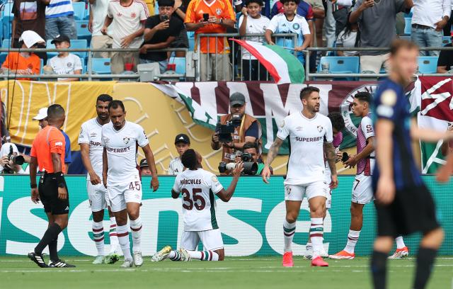(250701) -- CHARLOTTE, July 1, 2025 (Xinhua) -- Hercules (C) of Fluminense FC celebrates scoring during the round of 16 match between Italy's FC Inter Milan and Brazil's Fluminense FC at the FIFA Club World Cup 2025 at the Bank of America Stadium, Charlotte, North Carolina, the United States, June 30, 2025. (Xinhua/Li Ming)